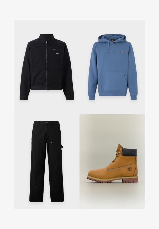 Schwarze Jacke aus Baumwolle mit einem Reißverschluss vorne, spitzem Kragen und einer Brusttasche. Enthält ein Logo auf der linken Seite in der Nähe der Tasche.; Kapuzensweatshirt in mittlerem Blau, aus weichem Material, mit einer Fronttasche, gerippten Bündchen und einem gestickten Logo auf der Brust.; Schwarze Cargo-Hosen aus strapazierfähigem Stoff mit mehreren Taschen, lockerer Passform, sichtbaren Nähten und Druckknopfdetails.; Brauner Leder-Stiefelette mit schwarzem Kragen, gelben Schnürsenkeln und hellbrauner Sohle. Verfügt über ein Logo und weiße Ziernähe. Robuste Profilsohle.