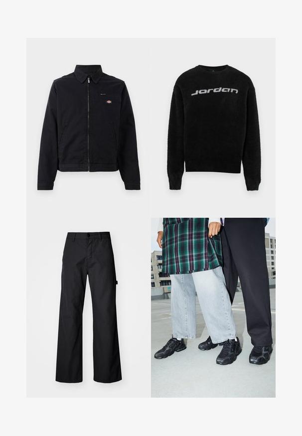 Schwarze Jacke aus Baumwolle mit einem Reißverschluss vorne, spitzem Kragen und einer Brusttasche. Enthält ein Logo auf der linken Seite in der Nähe der Tasche.; Schwarzer, flauschiger Pullover mit rundem Ausschnitt und gerippten Bündchen. Mit einem grauen "Jordan"-Logo auf der Vorderseite. Weiche Textur und entspannte Passform.; Schwarze, weite Hosen aus robustem Stoff. Verfügt über einen Knopfverschluss und Seitentaschen. Glatte Textur mit einem schlichten Design.; Schwarze Sportschuhe mit Mesh- und Gummielementen. Kombiniert mit hellgrauen weiten Jeans und einem karierten grünen Oberteil. Flacher Hintergrund.