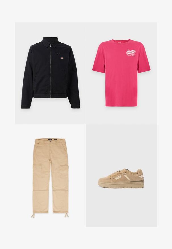 Sort jakke lavet af bomuld med lynlås foran, spids krave og en brystlomme. Har et logo på venstre side tæt på lommen.; Pink bomulds-T-shirt med korte ærmer og rund halsudskæring. Har hvid tekst på forsiden med ordene "the shady pine motel PORTLAND, OREGON".; Beige cargo bukser med to forlommer og to sidelommer. Har elastiske snore ved anklerne og forstærkede syninger.; Tanfarvede ruskindssneakers med rund tå, snørelukning foran og polstret krave. Har en tekstureret mellemsål og diskrete brandingdetaljer på siden.
