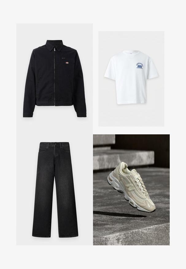 Zwarte jas van katoen met een rits aan de voorkant, een puntige kraag en een borstzak. Bevat een logo aan de linkerkant, nabij de zak.; Wit GAP T-shirt met korte mouwen en blauwe "American Style New York GAP Athletic Sports" tekst op de linkerborst, getoond op een effen achtergrond.; Zwarte wijde spijkerbroek met hoge taille, ontwerp met vijf zakken en een enkele knoopsluiting aan de voorkant. Gladde textuur met minimale details.; Beige en witte New Balance sneaker met mesh- en lederen details, zwevend boven betonnen traptreden met een scherpe schaduw.