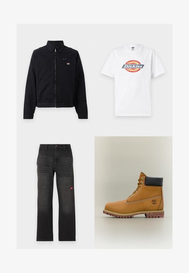 Zwarte jas van katoen met een rits aan de voorkant, een puntige kraag en een borstzak. Bevat een logo aan de linkerkant, nabij de zak.; Witte katoenen t-shirt met een meerkleurig cirkelvormig logo met de tekst "Dickies" in vetgedrukte letters. Korte mouwen, ronde hals en een gladde textuur.; Zwarte denim werkbroek met dubbele kniepaneel en een kleine rode logopatch op het rechterbeen, rechte snit en tailleband met knoopsluiting.; Bruine leren enkellaars met zwarte kraag, gele veters en een zandkleurige zool. Voorzien van een logo en witte stikseldetails. Robuuste loopzool met grip.