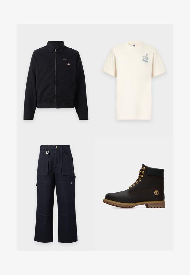 Sort jakke lavet af bomuld med lynlås foran, spids krave og en brystlomme. Har et logo på venstre side tæt på lommen.; Flødefarvet bomulds t-shirt med korte ærmer, med et blåt grafisk logo af The North Face og teksten "Yosemite, CA" på brystet.; Mørkeblå vidde bukser i denim til arbejde med store lommer foran og på siden, knaplukning og lille logopatch på låret.; Sorte læder ankelstøvle med gyldne øjer, brune detaljer og gummisål. Har en polstret krave og præget logo på siden.
