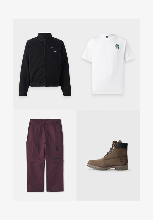 Schwarze Jacke aus Baumwolle mit einem Reißverschluss vorne, spitzem Kragen und einer Brusttasche. Enthält ein Logo auf der linken Seite in der Nähe der Tasche.; Weißes T-Shirt mit kurzen Ärmeln, kleinem grünen Becher-Design und "The North Face"-Logo auf der linken Brust.; Burgunderfarbene Cargo-Hose, wandelbar, mit seitlichem Reißverschlussfach und Timberland-Logo am rechten Bein, mit verlängertem Innenbein.; Braune Leder-Stiefelette mit schwarzem Kragen, Metallösen und robustem grauen Sohlen. Verfügt über ein Logo an der Seite und genähten Details.