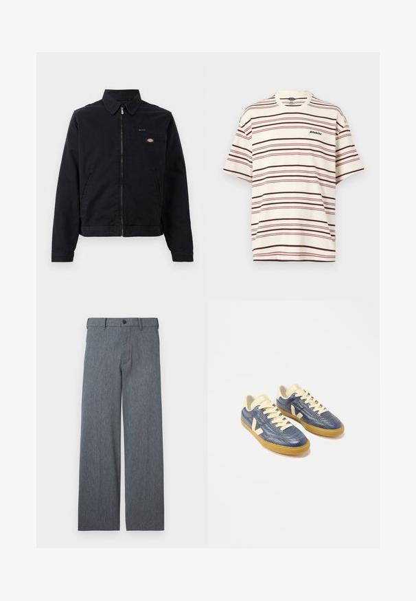Sort jakke lavet af bomuld med lynlås foran, spids krave og en brystlomme. Har et logo på venstre side tæt på lommen.; Krem kortærmet T-shirt med horisontale lyserøde og brune striber og lille "Dickies"-logo på venstre bryst.; Grå bukser med lige ben, bæltestropper, knaplukning og diskret tekstureret stof, vist mod en hvid baggrund.; Par lavsko med lavt snit med blå tekstureret overdel, beige snørebånd og detaljer samt gummisåler på hvid baggrund.