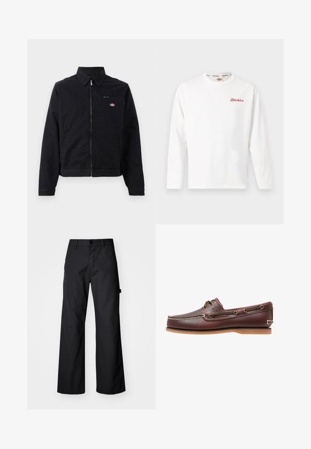 Sort jakke lavet af bomuld med lynlås foran, spids krave og en brystlomme. Har et logo på venstre side tæt på lommen.; Hvid langærmet crewneck-trøje med lille rødt "Dickies"-logo på venstre bryst og mærket kantebånd på kraven.; Svarte breddebenede bukser fremstillet af holdbart stof. Har en knaplukning og sidelommer. Glat tekstur med et enkelt design.; Brun læder bådsko med hvide sømme, snøre detaljer og lysbrun gummisål, vist fra siden på hvid baggrund.