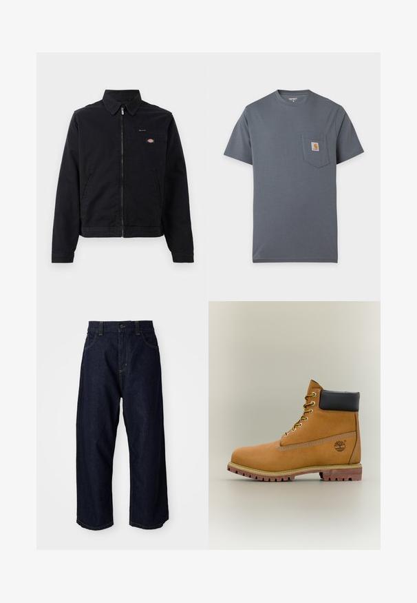 Zwarte jas van katoen met een rits aan de voorkant, een puntige kraag en een borstzak. Bevat een logo aan de linkerkant, nabij de zak.; Grijs T-shirt met korte mouwen en een voorzak met een klein vierkant Carhartt-logo op de borst.; Donkerblauwe denim broek met een comfortabele pasvorm, voorzien van een knoopsluiting, riemlussen en gele stiksels op de zakken en naden.; Bruine leren enkellaars met zwarte kraag, gele veters en een zandkleurige zool. Voorzien van een logo en witte stikseldetails. Robuuste loopzool met grip.