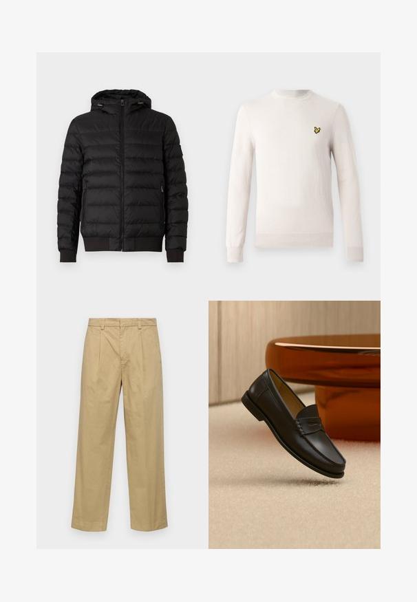 Veste matelassée noire avec capuche, fermeture éclair sur le devant, poches latérales zippées, et poignets et ourlet à côtes.; Pull beige clair à manches longues, col rond et ourlet côtelé. Présente un petit logo brodé noir et jaune sur la poitrine.; Pantalons en coton beige avec une coupe droite, dotés de plis avant et de poches latérales. Le tissu a une texture lisse et douce.; Chaussure mocassin en cuir noir suspendue au-dessus d’un tapis beige avec du mobilier moderne couleur ambre en arrière-plan.
