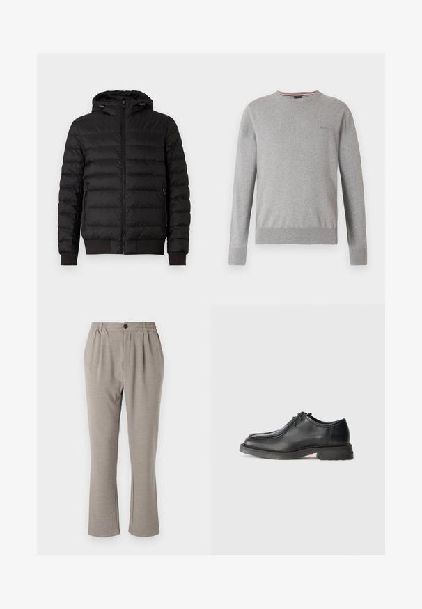Schwarze gestepfte Pufferjacke mit Kapuze, durchgehendem Reißverschluss, seitlichen Reißverschlusstaschen sowie gerippten Bündchen und Saum.; Grauer Pullover mit Rundhalsausschnitt, langen Ärmeln, gerippten Bündchen und Saum, mit einem dezenten Logo auf der Brust und gestreiften Akzenten am Halsausschnitt.; Hellgraue Hose mit einer lockeren Passform, aus weichem Stoff, mit elastischem Bund, Falten und einem einzigen Knopfverschluss.; Schwarzer Lederschuh mit glatter Textur, abgerundetem Zehenbereich und flacher, geprägter Naht. Dicke Gummisohle mit leichtem Absatz und rutschfester Musterung.