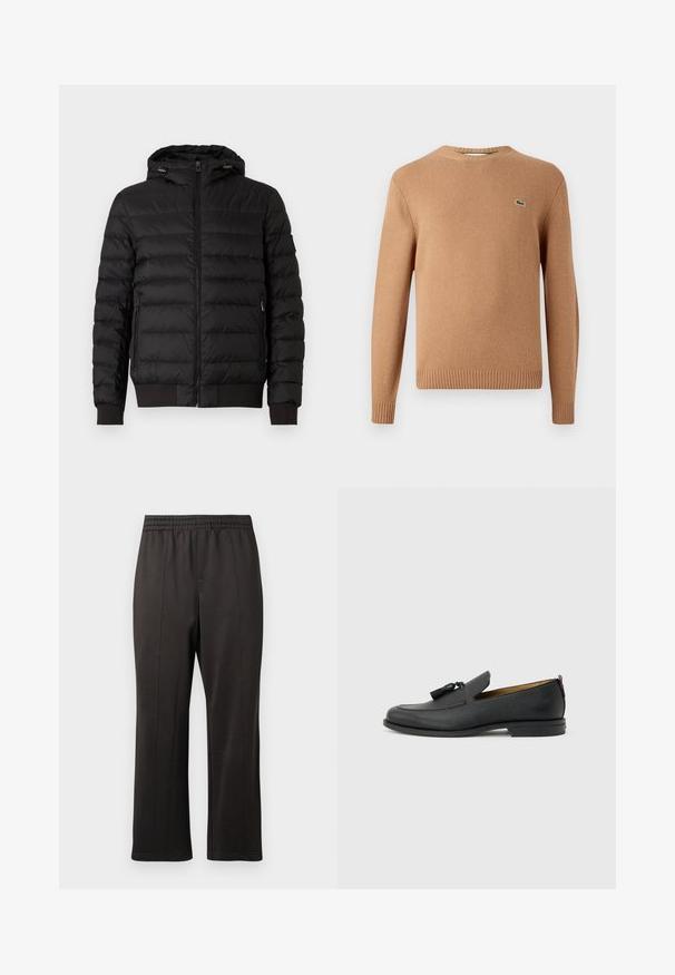 Mustmustest lühikesed puffer-jakk musta värvi kapuutsi ja täispika eesthinge, lukuga küljetaskud ning ribid cuffs ja alläär.; Pruun kootud sviiter, millel on ümberlõikega kaelus. Ribitud varrukate ja äärtega. Rinnal on väike roheline logo. Pehme tekstuur.; Mustad, elastse vöökohta püksid sirge jala kujundusega. Valmistatud siledast kangast, millel on peened õmbluse üksikasjad ees.; Mustast nahast meeste tenniskingad tutikestega, ümar nina, madal konts ja tagaküljel tõmbenöör, kujutatud külgvaates helehallil taustal.