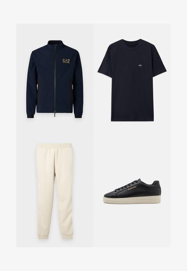 Coupe-vent bleu marine avec un col haut, fermeture zippée, panneaux latéraux noirs et un logo doré EA7 sur la poitrine gauche. Matériau lisse et léger.; T-shirt en coton bleu marine à manches courtes et col rond. Présente un petit logo blanc "A|X" sur le côté gauche de la poitrine.; Pantalons de survêtement beige clair fabriqués en tissu doux avec un design fuselé, une ceinture élastique et des poignets aux chevilles. Pas de motifs ou d'accents visibles.; Sneaker en cuir noir avec une finition lisse, semelle crème contrastante, bout arrondi, logo doré sur le côté et six œillets pour les lacets.
