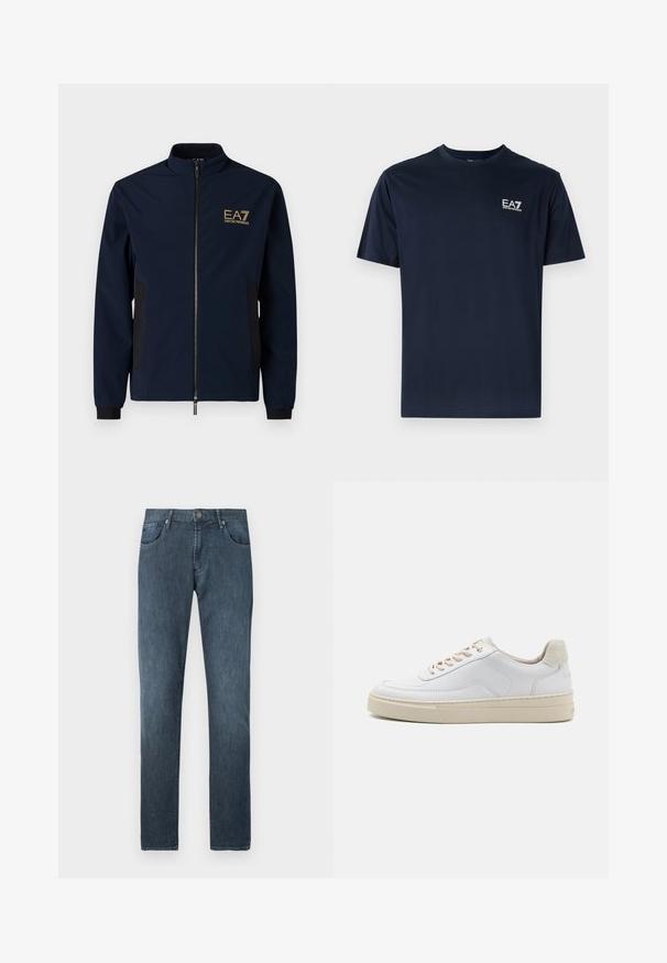 Marineblauwe windbreaker met een hoge kraag, ritsluiting, zwarte zijpanelen en een gouden EA7-logo op de linkerborst. Glad, lichtgewicht materiaal.; Navyblauwe katoenen t-shirt met korte mouwen, ronde halslijn en EA7-logo aan de linkerbovenkant in het wit. Gladde textuur, casual ontwerp.; Donkere blauwe spijkerbroek met een rechte pijp, vijf zakken, knoopsluiting aan de voorkant en subtiele stikseldetails.; Witte sneaker met een gevoerd leren bovenwerk, beige veters en een gestructureerde beige suede hieltab. Verhoogde zool voor extra hoogte.