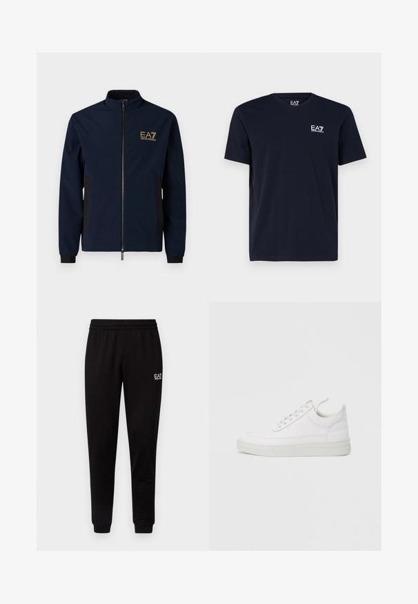 Marineblå vindjakke med høj krave, lynlås-lukning, sorte sidepaneler og et guld EA7-logo på venstre bryst. Glat, letvægtsmateriale.; Sort T-shirt med korte ærmer og rund halsudskæring med lille hvid EA7 Emporio Armani-logo på venstre bryst.; Sorte sweatpants med elastisk talje, tætsiddende ben og et lille hvidt logo på den øverste venstre side. Glat tekstur og enkelt design.; Hvid lædersneaker med rundet tå, flad sål og snørebånd foran. Har syningsdetaljer og polstret krave for komfort.