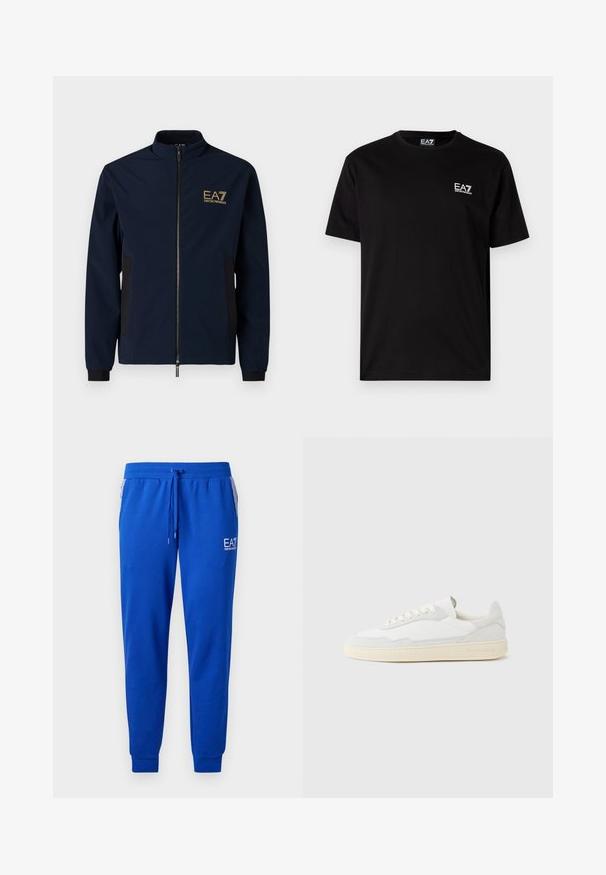 Coupe-vent bleu marine avec un col haut, fermeture zippée, panneaux latéraux noirs et un logo doré EA7 sur la poitrine gauche. Matériau lisse et léger.; T-shirt en coton noir à manches courtes, col rond, avec un petit logo EA7 blanc sur la poitrine gauche. Texture lisse, coupe régulière.; Pantalons de survêtement bleus en tissu doux avec une taille élastique et un cordon de serrage. Présente un logo sur la jambe et des poches latérales rayées.; Baskets blanches avec dessus en daim et cuir texturé. Caractérisées par un bout arrondi, une fermeture à lacets et une semelle en caoutchouc beige contrastante.