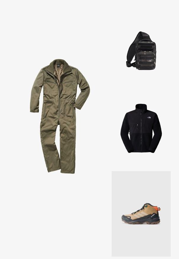Chaqueta de forro polar negra con parte superior de nailon, cuello alto, cremallera completa, bolsillo en el pecho izquierdo y logotipo en la parte superior derecha. Forro polar texturizado en la mitad inferior.; Mono verde oliva hecho de un tejido duradero, con cierre frontal de cremallera, cuello acanalado y múltiples bolsillos con cremallera en el pecho y los lados.; Bota de senderismo marrón y negra con paneles de malla, tres franjas blancas, una puntera reforzada y una suela de goma texturizada para un mejor agarre.; Bolsa táctica de bandolera compacta en camuflaje negro y gris con múltiples compartimentos con cremallera y correa de hombro acolchada y ajustable.