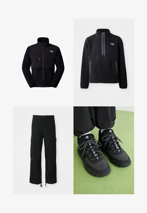 Schwarze Fleecejacke mit Nylon-Oberteil, hohem Kragen, durchgehendem Reißverschluss, linke Brusttasche und Logo auf der oberen rechten Seite. Texturiertes Fleece im unteren Bereich.; Schwarzer Fleece-Halbzip-Pullover mit hohem Kragen, ausgestattet mit einer Brusttasche und zwei Seitentaschen. Das Design enthält einen kontrastierenden Reißverschluss.; Schwarze Cargo-Hosen aus strapazierfähigem Material, mit zwei Seitentaschen, einem Knopfverschluss und verstellbaren Säumen für eine lockere, relaxten Passform.; Schwarze Sneaker bestehen aus einer Kombination von Leder und Mesh-Materialien, haben eine strukturierte Gummisohle, auffällige Perforationen und gemusterte Schnürsenkel mit numerischen Akzenten.