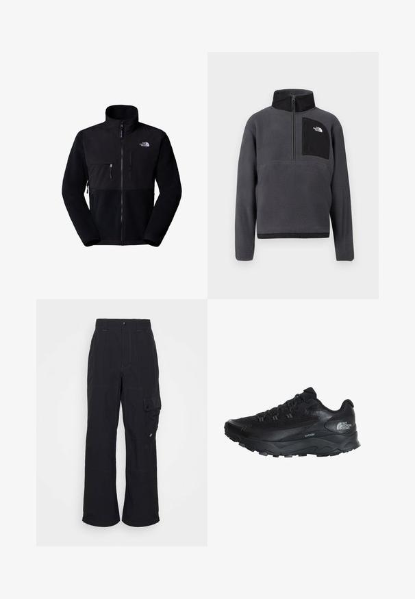 Schwarze Fleecejacke mit Nylon-Oberteil, hohem Kragen, durchgehendem Reißverschluss, linke Brusttasche und Logo auf der oberen rechten Seite. Texturiertes Fleece im unteren Bereich.; Dunkelgrauer Fleece-Pullover mit hohem Kragen, halbseitigem Reißverschluss vorne und schwarzer Reißverschlusstasche auf der Brust mit weißem Logo auf der rechten Seite.; Schwarze Cargo-Hosen aus strukturiertem Stoff, mit weiter Beinform, sichtbaren Nähten und einer seitlichen Tasche mit Druckknopfverschluss.; Schwarzer Sportschuh mit einem atmungsaktiven Mesh-Obermaterial, Gummisohle, strukturierten Akzenten und verstärkter Zehenkappe für Langlebigkeit.