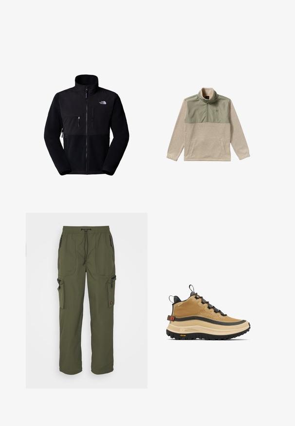 Schwarze Fleecejacke mit Nylon-Oberteil, hohem Kragen, durchgehendem Reißverschluss, linke Brusttasche und Logo auf der oberen rechten Seite. Texturiertes Fleece im unteren Bereich.; Fleecepullover in Beige und Olivgrün, mit einem 1/2-Reißverschluss, hohem Kragen und zwei Seitentaschen. Glatte Textur im oberen Bereich.; Olivgrüne Cargo-Hosen aus leichtem Material mit elastischem Bund, Kordelzug und mehreren Reißverschlusstaschen.; Beige Sneaker mit hohem Schaft und strukturierter Oberfläche, markanter schwarzer Außensohle und orangen Akzenten. Mit Schnürsystem und gepolstertem Kragen für Halt.