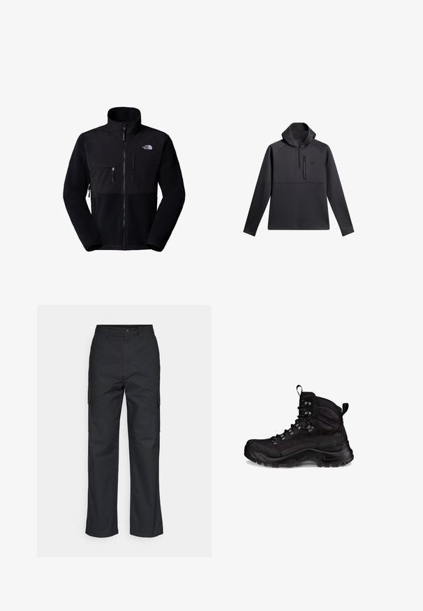 Sort fleecejakke med nylon øvre del, høj krave, fuld lynlås, lomme på venstre bryst og logo på øverste højre side. Tekstureret fleece på den nederste halvdel.; Sort pullover med hætte, der har en kvart lynlås foran, raglanærmer og en lynlåslomme på brystet; glat tekstur og atletisk design.; Sorte cargo bukser med lige ben i designet, der har sidelommer og et tekstureret stof. Knaplukning i taljen for en sikker pasform.; Sort vandrestøvle med et robust design, tekstil- og gummimaterialer, seks snørehuller og en struktureret sål til greb.