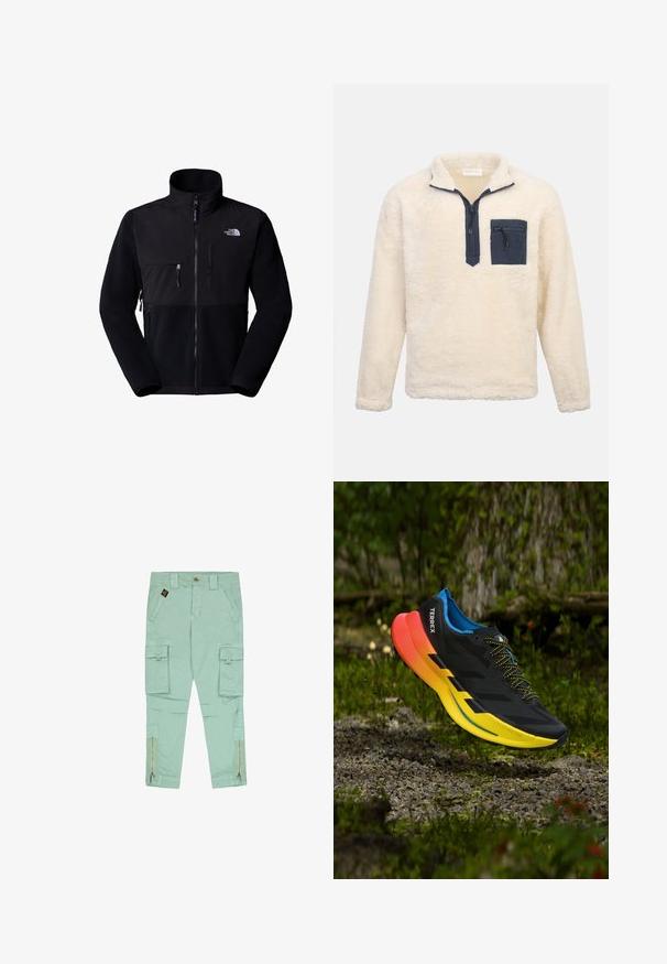 Sort fleecejakke med nylon øvre del, høj krave, fuld lynlås, lomme på venstre bryst og logo på øverste højre side. Tekstureret fleece på den nederste halvdel.; Fleece-pullover i cremefarve med halvlange lynlås og krave. Har en marineblå brystlomme, blød tekstur og afslappet pasform.; Mintgrønne cargobukser med flere lommer, lynlåse i siderne og knaplukning. Fremstillet af letvægtsstof.; Sort atletik sko med et struktureret overmateriale, gul og orange sål samt blå detaljer, med sorte snørebånd og en "TERREX"-logo på siden.
