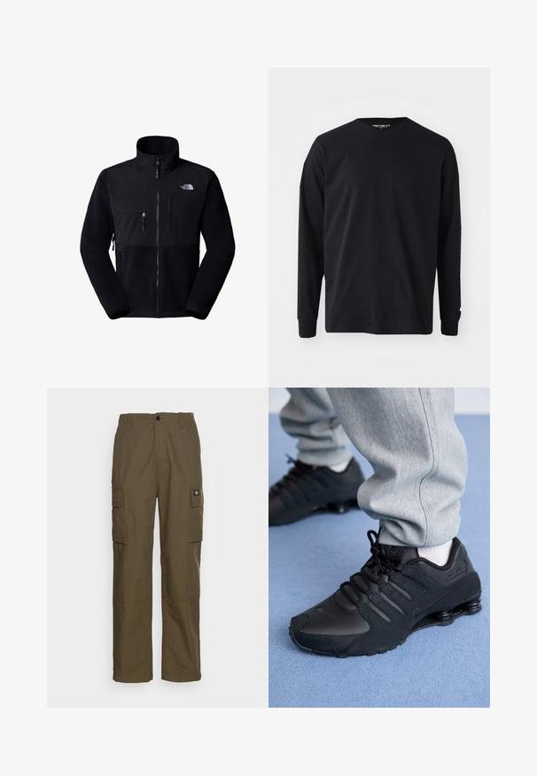 Schwarze Fleecejacke mit Nylon-Oberteil, hohem Kragen, durchgehendem Reißverschluss, linke Brusttasche und Logo auf der oberen rechten Seite. Texturiertes Fleece im unteren Bereich.; Schwarzes Langarm-T-Shirt aus Baumwolle mit rundem Halsausschnitt und geradem Schnitt, mit einem kleinen Logodetail am Ärmel.; Cargo-Hosen in olivgrün, aus strapazierfähigem Stoff. Verfügt über zwei Seitentaschen, eine normale Taille und ein gerades Bein.; Person in schwarzen Nike Shox Sneakers und grauen Jogginghosen, der auf einem hellblauen Teppich steht.
