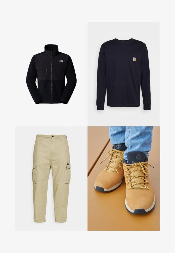 Veste en polaire noire avec empiècement en nylon, col montant, fermeture éclair intégrale, poche sur la poitrine à gauche et logo en haut à droite. Polaire texturée sur la moitié inférieure.; T-shirt à manches longues bleu marine en coton, avec une poche sur la poitrine et un écusson de logo. Ourlet droit et poignets côtelés.; Pantalons cargo beiges en tissu durable, avec deux poches latérales, une fermeture à bouton, et des jambes fuselées avec une texture lisse.; Bottes de randonnée beiges avec une tige en suede, accents métalliques dorés et un col rembourré noir. Elles sont dotées de lacets texturés et d'une semelle contrastante.