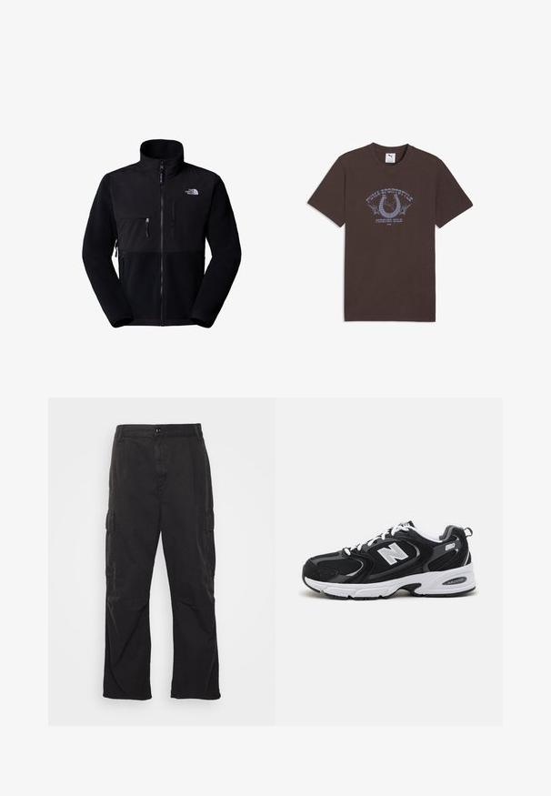 Sort fleecejakke med nylon øvre del, høj krave, fuld lynlås, lomme på venstre bryst og logo på øverste højre side. Tekstureret fleece på den nederste halvdel.; Mørkebrun Puma T-shirt med lyse lilla hestesko, stjerner og teksten "Puma Sportstyle Forever Wild 1948" på forsiden.; Sorte cargo bukser med lige ben, der har to sidelommer, knaplukning og en struktureret stof.; Sorte og grå sportssko med mesh og ruskind på overdelen, der har en hvid mellemsål, snørebånd og et iøjnefaldende "N" logo på siden.