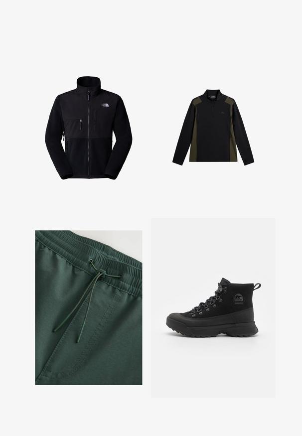 Sort fleecejakke med nylon øvre del, høj krave, fuld lynlås, lomme på venstre bryst og logo på øverste højre side. Tekstureret fleece på den nederste halvdel.; Langærmet sort og olivengrøn pullover med en kort lynlås foran og et lille logo på brystet.; Mørkegrønne sweat shorts med elastisk talje og snørelukning, glat tekstur og synlige stingdetaljer. Enkel, funktionel design.; Sort vandtætte vandrestøvler lavet af ruskind og gummi. Funktioner inkluderer et højt design, fremspringende snørebånd og en struktureret sål.