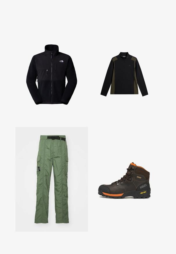 Sort fleecejakke med nylon øvre del, høj krave, fuld lynlås, lomme på venstre bryst og logo på øverste højre side. Tekstureret fleece på den nederste halvdel.; Langærmet sort og olivengrøn pullover med en kort lynlås foran og et lille logo på brystet.; Cargo bukser i olivengrøn, lavet af let materiale. Har et sort bælte, cargo-lommer på siderne og syningsdetaljer.; Brun læder vandrestøvle med sorte og orange accenter, sorte snørebånd, Vibram-sål, Gore-Tex mærkat og Aigle 1853 branding på hælen.