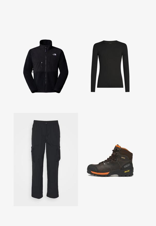 Sort fleecejakke med nylon øvre del, høj krave, fuld lynlås, lomme på venstre bryst og logo på øverste højre side. Tekstureret fleece på den nederste halvdel.; Sort, tætsiddende langærmet T-shirt med rund hals og et diskret Icebreaker-logo på venstre ærme, vist på en hvid baggrund.; Sorte cargo-bukser lavet af vævet stof. Har justerbar talje, sidelommer og to værktøjslommer med lynlås.; Brun læder vandrestøvle med sorte og orange accenter, sorte snørebånd, Vibram-sål, Gore-Tex mærkat og Aigle 1853 branding på hælen.