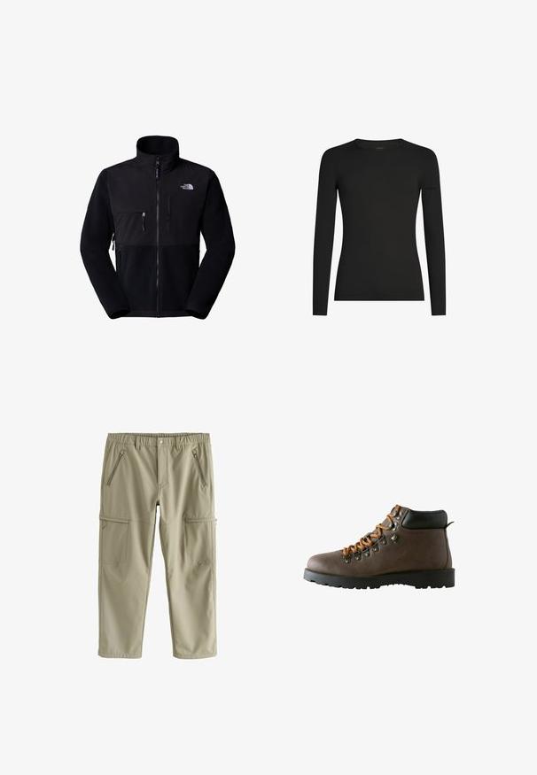 Sort fleecejakke med nylon øvre del, høj krave, fuld lynlås, lomme på venstre bryst og logo på øverste højre side. Tekstureret fleece på den nederste halvdel.; Sort, tætsiddende langærmet T-shirt med rund hals og et diskret Icebreaker-logo på venstre ærme, vist på en hvid baggrund.; Knælange cargobukser i lys beige, lavet af glat stof. Indeholder to lynlåslommer foran og to sidelommer med klap.; Brun lædervandringsstøvle med orange snørebånd, metaløjer, polstret sort ankelkrave og tykk sort gummisål.