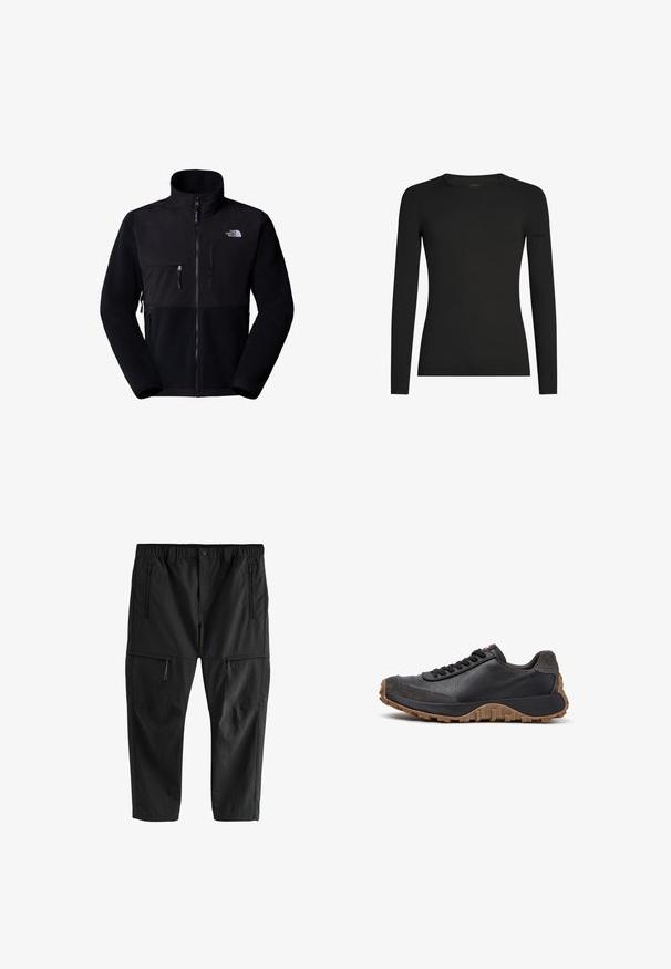 Veste en polaire noire avec empiècement en nylon, col montant, fermeture éclair intégrale, poche sur la poitrine à gauche et logo en haut à droite. Polaire texturée sur la moitié inférieure.; Chemise noire à manches longues, ajustée, avec col ras du cou, arborant un logo Icebreaker discret sur la manche gauche, présentée sur un fond blanc.; Pantalon léger noir avec taille élastique, deux poches latérales zippées et deux poches cargo zippées. Texture lisse et coupe droite.; Baskets en cuir et en suède noirs avec des lacets noirs, semelle marron robuste et design à coupe basse, présentées en vue latérale gauche sur fond blanc.