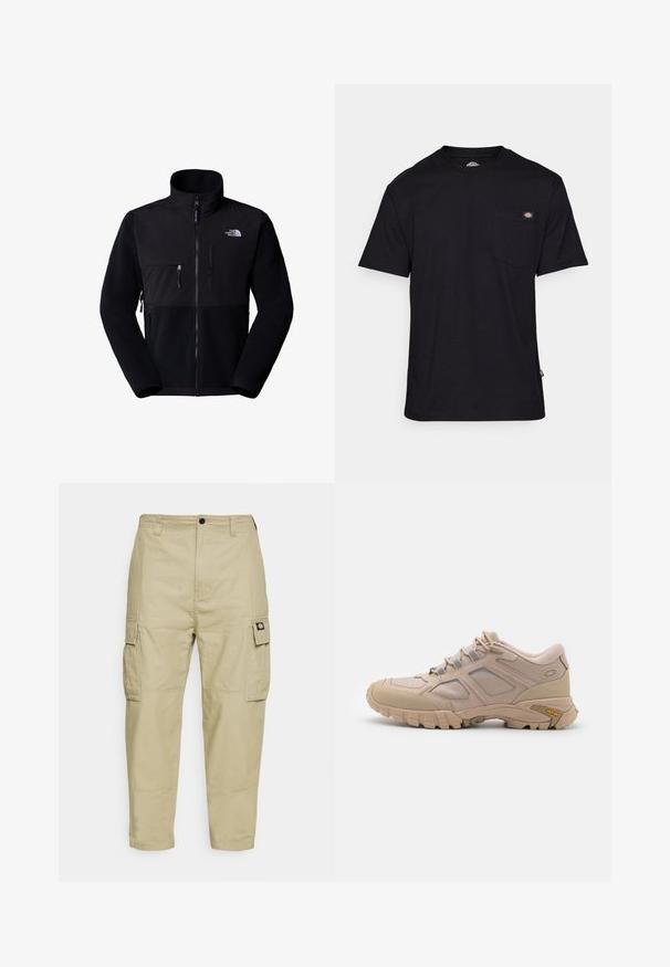Sort fleecejakke med nylon øvre del, høj krave, fuld lynlås, lomme på venstre bryst og logo på øverste højre side. Tekstureret fleece på den nederste halvdel.; Sort bomulds T-shirt med klassisk rund hals, kortærmede, frontlomme på brystet og et logo-patch nær lomme-sømmen. Blød tekstur.; Beige cargo bukser lavet af slidstærkt stof, med to sidelommer, knaplukning og smalle ben med en glat overflade.; Beige sportsko med en tekstureret mesh-overdel, syntetisk overlay og en Vibram-sål. Har snøresystem og detaljer på sidepanelet.
