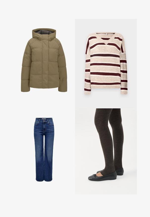 Beige polstret vinterjakke med hætte, lange ærmer og forreste lynlås skjult af en klap.; V-hals sweater i beige med mørkerøde og cremefarvede striber. Har lange ærmer og ribkant. Blød tekstur og afslappet pasform.; Jeans med høj talje og vide ben i mørkeblå denim, med knaplukning, fem lommer og kontrastsyninger.; Ben iført mørke ribbede leggings kombineret med sorte balletsko med små sløjfedetaljer på hvid baggrund.