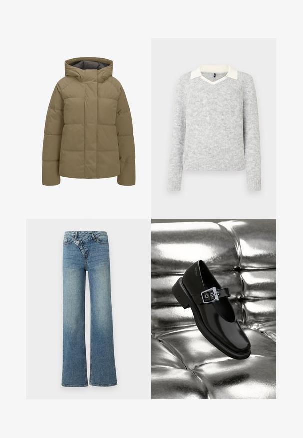 Beige polstret vinterjakke med hætte, lange ærmer og forreste lynlås skjult af en klap.; Lys grå strikket sweater med lange ærmer og detaljer med hvid V-halskrave, ribbet kant og manchetter, vist på hvid baggrund.; Lyseblå denim jeans med vide ben og høj talje, let falmet effekt og knaplukning foran. Har fem lommer og minimal syning.; Sorte læder Mary Jane sko med firkantet tå, en sølv spænde accent og en chunky lav hæl, sat mod en glansfuld sølv baggrund.