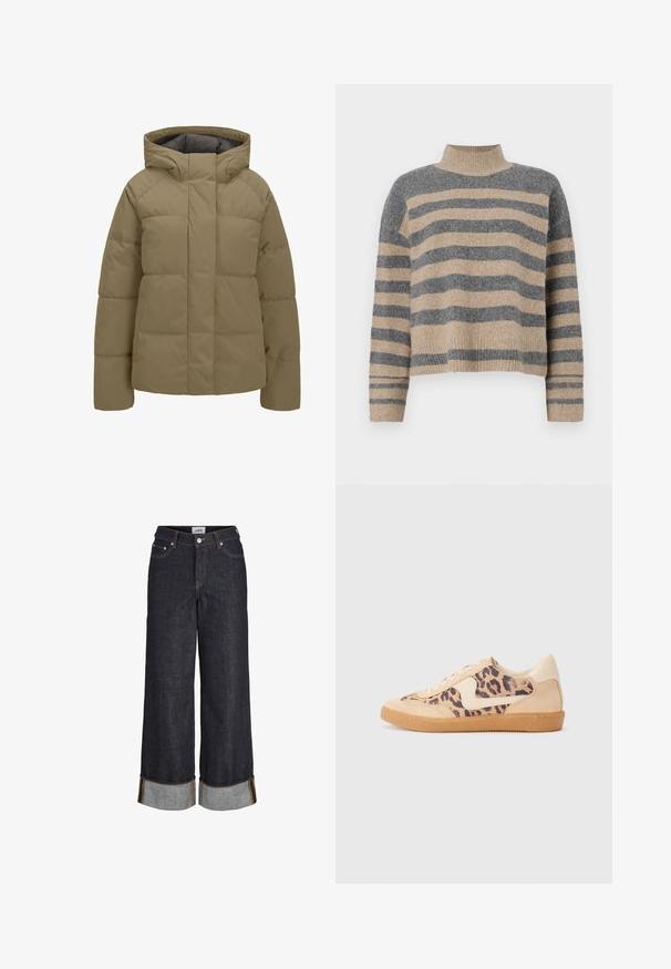 Beige polstret vinterjakke med hætte, lange ærmer og forreste lynlås skjult af en klap.; Striktrøje med striber i grå og beige farver, høj hals, brede manchetærmer og en afslappet pasform med et cropped design.; Mørkeblå jeans med brede ben og opbuk ved kanterne, fem lommer og kontrastfuld gul syning.; Leopardprint sneakers med beige ruskindsoverdel, tan gummisål og hvide detaljer. Rund pegefinger og snørebåndsdesign med en tekstureret finish.