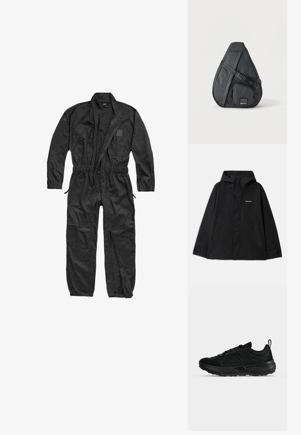 Veste noire imperméable avec capuche, manches longues, fermeture éclair avant et deux poches latérales. Texture lisse avec un design minimaliste.; Brandit BRANDIT HERREN EINSATZKOMBI - Combinaison - black; Baskets de sport noires avec tige en mesh et synthétique, fermeture à lacets, col rembourré et semelle épaisse en caoutchouc, vues de profil.; Sac bandoulière noir en forme de goutte avec sangle réglable et poche zippée à l'avant avec un petit écusson logo de la marque.
