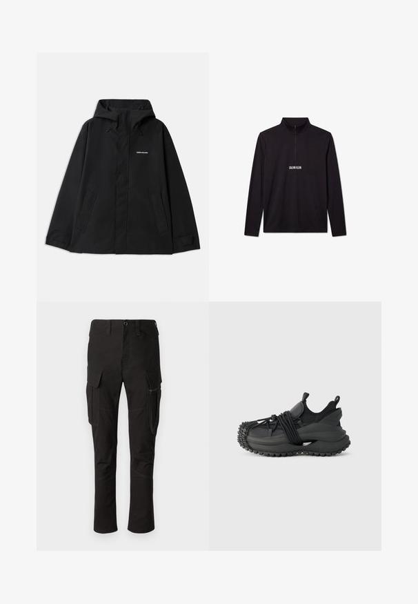 Veste noire imperméable avec capuche, manches longues, fermeture éclair avant et deux poches latérales. Texture lisse avec un design minimaliste.; Pull noir à manches longues Calvin Klein avec une fermeture éclair sur le quart et un logo blanc imprimé sur la poitrine.; Pantalon cargo noir avec plusieurs poches, poche latérale zippée et couture renforcée, présentant un design à jambe droite et un tissu durable.; Emporio Armani Baskets basses - black