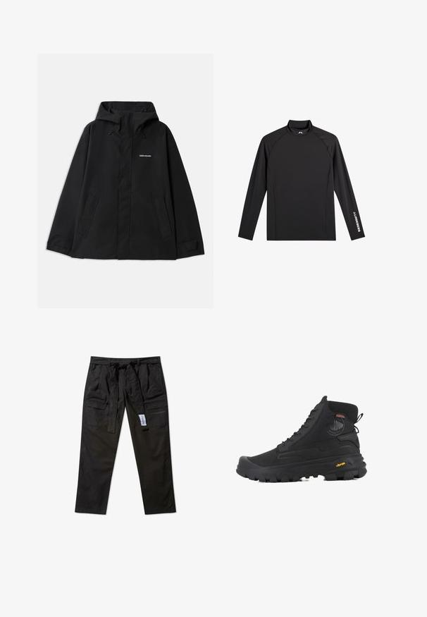 Veste noire imperméable avec capuche, manches longues, fermeture éclair avant et deux poches latérales. Texture lisse avec un design minimaliste.; Haut de sport noir à manches longues avec col montant, coupe ajustée, et logo blanc "J.Lindeberg" sur la manche gauche et le col.; Pantalons cargo noirs fabriqués à partir d'un matériau durable, dotés d'une taille ceinte, de quatre poches et d'une coupe droite.; Baskets montantes noires avec une surface texturée, dotées d'un design imperméable, d'un système de laçage et d'une semelle en caoutchouc proéminente avec la marque Vibram.