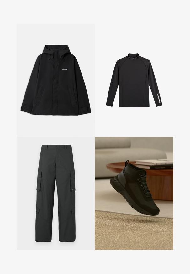 Veste noire imperméable avec capuche, manches longues, fermeture éclair avant et deux poches latérales. Texture lisse avec un design minimaliste.; Haut de sport noir à manches longues avec col montant, coupe ajustée, et logo blanc "J.Lindeberg" sur la manche gauche et le col.; Pantalons cargo noirs à jambes droites avec poches latérales à rabat, fermeture à bouton, passants de ceinture et petit logo blanc sur le rabat de la poche droite.; Baskets montantes noires à lacets flottant au-dessus d'un tapis beige, table ronde en bois avec des livres empilés dans un salon moderne et clair.