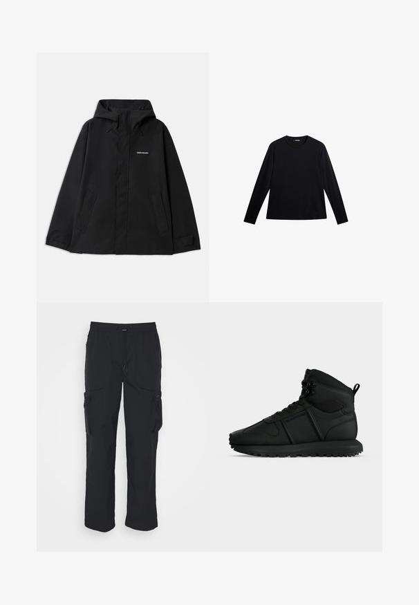 Chaqueta negra impermeable con capucha, mangas largas, cierre frontal con cremallera y dos bolsillos laterales. Textura suave con un diseño minimalista.; Camiseta negra de manga larga hecha de tela suave, con cuello redondo y un logotipo sutil en el frente, con un corte holgado.; Pantalones cargo negros hechos de tejido tejido. Cuenta con una cinturilla ajustable, bolsillos laterales y dos bolsillos de utilidad con cremalleras.; Zapatilla deportiva negra de caña alta con suela gruesa, cordones en la parte delantera y lengüeta en el talón, vista desde un lateral sobre un fondo blanco liso.