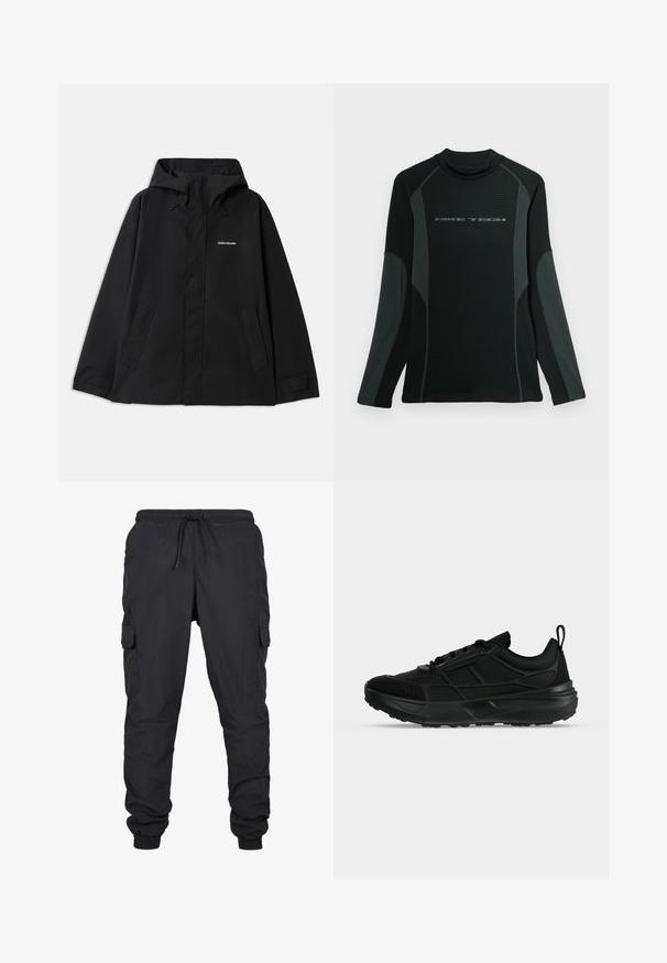Chaqueta negra impermeable con capucha, mangas largas, cierre frontal con cremallera y dos bolsillos laterales. Textura suave con un diseño minimalista.; Camisa negra de manga larga con cuello alto, hecha de una tela texturizada. Presenta paneles laterales grises y el logo "NIKE TECH" en el pecho.; Pantalones cargo negros con cintura elástica y cordón, con bolsillos laterales y dobladillos ajustados. Hechos de un tejido ligero y duradero.; Zapatilla deportiva negra con parte superior de malla y material sintético, cierre con cordones, cuello acolchado y suela de goma gruesa, mostrada de perfil.