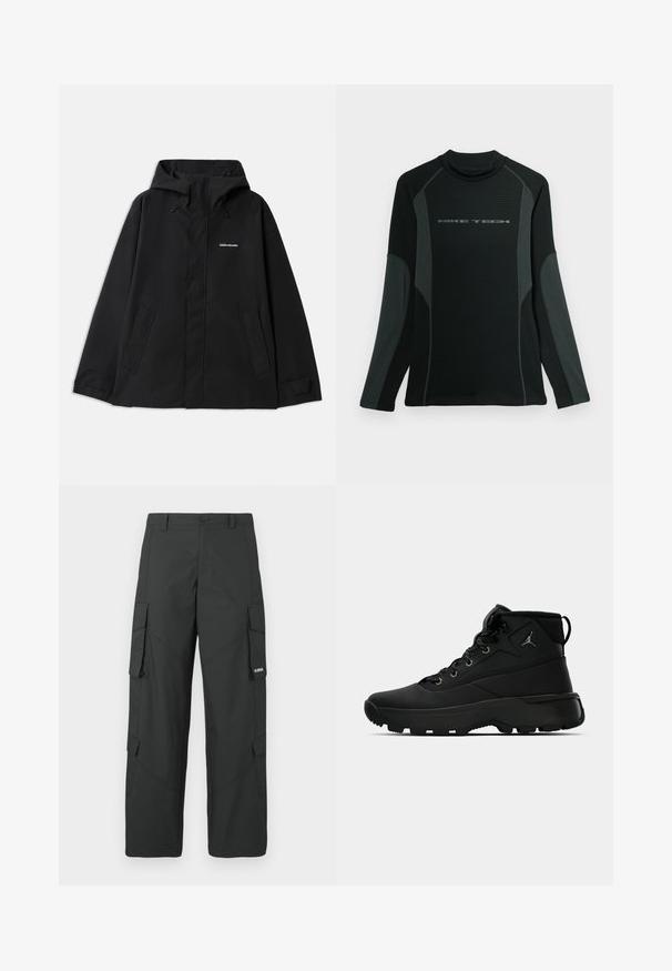 Chaqueta negra impermeable con capucha, mangas largas, cierre frontal con cremallera y dos bolsillos laterales. Textura suave con un diseño minimalista.; Camisa negra de manga larga con cuello alto, hecha de una tela texturizada. Presenta paneles laterales grises y el logo "NIKE TECH" en el pecho.; Pantalones cargo rectos negros con bolsillos laterales con solapa, cierre de botón, trabillas para cinturón y pequeño logo blanco en la solapa del bolsillo derecho.; Zapatillas deportivas negras de caña alta con un upper sintético texturizado, featuring ojales de metal, cordones negros y una suela de goma con patrones de tracción.