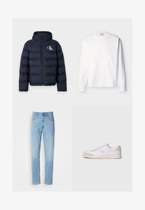 Marineblaue Steppjacke mit Kapuze, Frontreißverschluss, seitlichen Taschen und weißem "cK"-Logo auf der linken Brust.; Weißes Sweatshirt aus Baumwolle mit langen Ärmeln, Rundhalsausschnitt und gerippten Bündchen. Einfaches Design ohne sichtbare Muster oder Grafiken.; Hellblaue Jeans mit geradem Schnitt, fünf Taschen und Gürtelschlaufen. Der Stoff hat eine glatte Textur mit einem leichten Verblassungseffekt.; Weißer und beiger Sneaker mit niedriger Schnittform, Schnürverschluss, Wildlederakzenten und „cK“-Logo an der Seite, im Profil vor einfarbigem Hintergrund gezeigt.