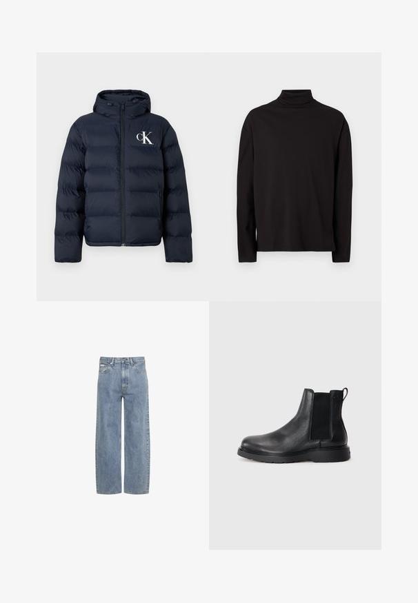 Marineblauwe pufferjack met capuchon, ritssluiting aan de voorkant, zijzakken en wit "cK" logo op de linkerkant van de borst.; Zwarte turtleneck met lange mouwen, gemaakt van een zachte, gladde stof met een comfortabele pasvorm en zonder zichtbare patronen of accenten.; Lichtblauwe jeans met rechte pijpen, knoop- en ritsluiting aan de voorkant, riemlussen en een ontwerp met vijf zakken.; Zwarte leren Chelsea boots met een gestructureerde afwerking, elastische zijpanelen en een stevige rubberen zool. Subtiele branding op de hiel.