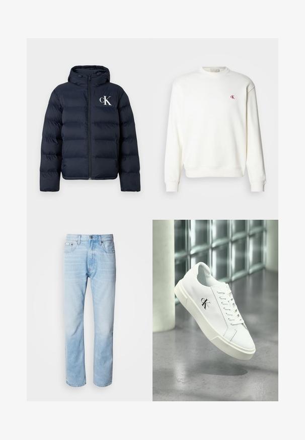 Chaqueta acolchada azul marino con capucha, cierre frontal, bolsillos laterales y logo blanco "cK" en el lado izquierdo del pecho.; Sudadera blanca de cuello redondo hecha de algodón, con un pequeño logo rojo "ck" en el pecho, puños y dobladillo acanalados. Textura sencilla y suave.; Vaqueros de mezclilla azul claro con corte recto, con secciones desgastadas, diseño de cinco bolsillos y cierre de botones clásico.; Zapatilla blanca Calvin Klein con cordones, mostrada flotando sobre un suelo de cemento pulido y un fondo de pared de bloques de vidrio.