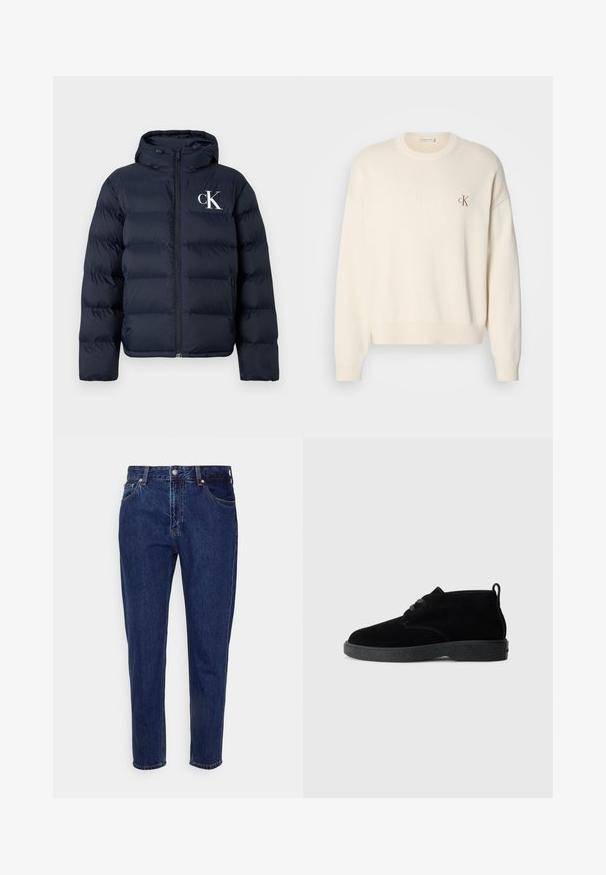Marineblaue Steppjacke mit Kapuze, Frontreißverschluss, seitlichen Taschen und weißem "cK"-Logo auf der linken Brust.; Cremefarbenes Strickpullover mit grober Textur, rundem Ausschnitt und überschnittenen Schultern. Mit einem kleinen braunen gestickten Logo auf der Brust.; Dunkelblaue Jeans mit geradem Bein, vorderer Knopf- und Reißverschluss, Gürtelschlaufen sowie Vorder- und Gesäßtaschen.; Schwarze Wildleder-Stiefeletten mit runder Zehenpartie, Schnürdesign, schwarzem Gummisohle und einem Zugband an der Rückseite für einfaches An- und Ausziehen.
