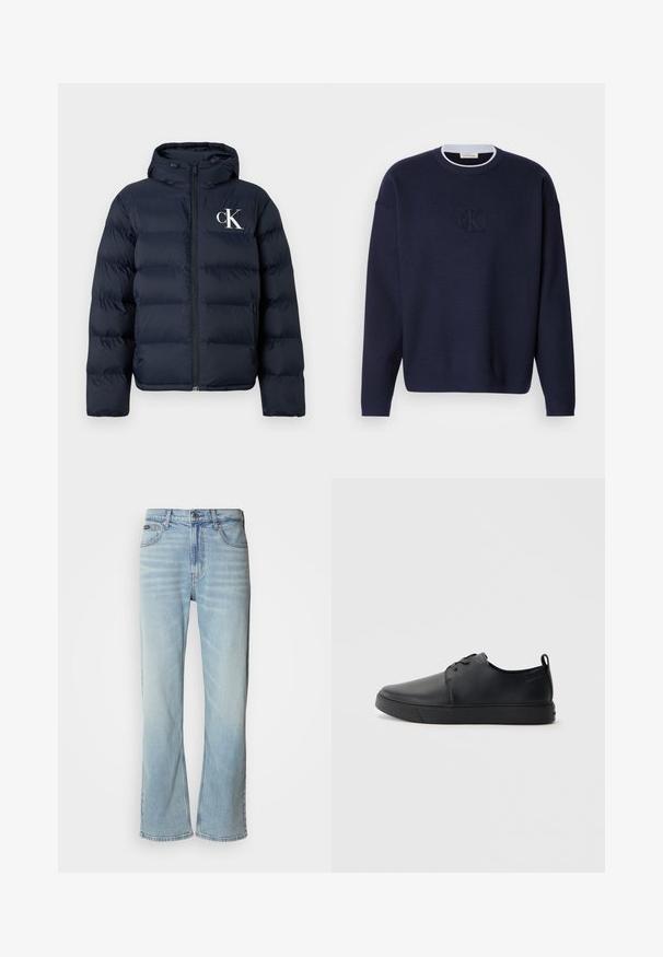 Mørkeblå dunjakke med hætte, frontlynlås, sidelommer og hvid "cK" logo på venstre bryst.; Marineblå strikket sweater med rund hals, ribbet krave og subtilt broderet "ck" logo på forsiden. Lange ærmer, løs pasform.; Lyseblå denimjeans med lige ben, der har fem lommer, knaplukning og en subtil falmning på stoffet.; Sorte lædersneakers med en glat finish, rund tå, tonalt syning, snøring foran og en flad gummisål. Løkke ved hælen.