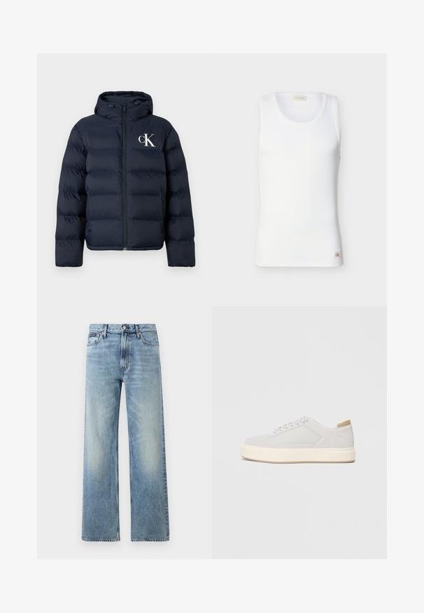Marineblauwe pufferjack met capuchon, ritssluiting aan de voorkant, zijzakken en wit "cK" logo op de linkerkant van de borst.; Witte geribbelde mouwloze tanktop met ronde halslijn en een klein Calvin Klein-logo labeltje bij de zoom op een effen achtergrond.; Lichtblauwe denim jeans met rechte pijpen, een hoge taille, vijf zakken, knoopsluiting en subtiele vervaging op de dijen en knieën.; Lichtgrijze sneakers met een glad synthetisch bovenwerk, ronde neus en een gestructureerde crème tussenzool. Lichte tan accenten op de hak.