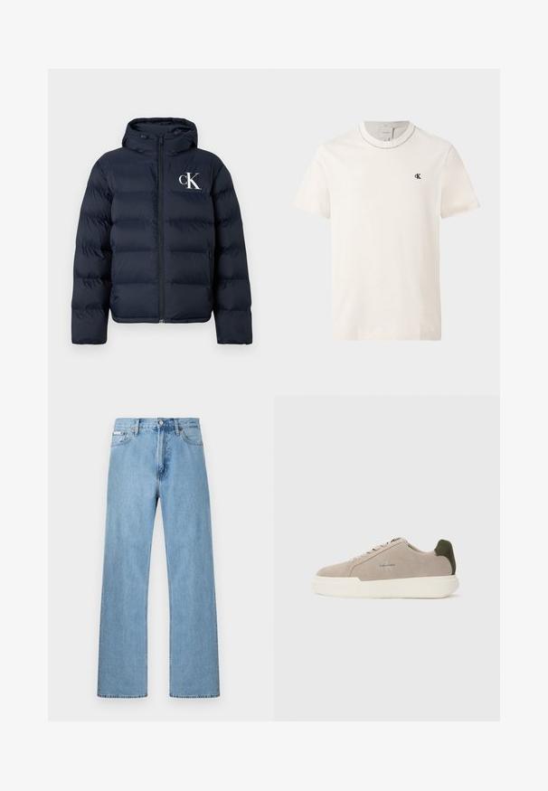 Chaqueta acolchada azul marino con capucha, cierre frontal, bolsillos laterales y logo blanco "cK" en el lado izquierdo del pecho.; Camiseta Calvin Klein de manga corta color marfil con cuello redondo y pequeño logo negro "cK" en el lado izquierdo del pecho.; Vaqueros de mezclilla azul claro de pierna recta con diseño de cinco bolsillos y cierre de botón en la cintura, exhibidos sobre un fondo simple.; Zapatillas de piel de ante beige con suela de goma blanca, que presentan un acento en el talón de color verde oscuro y un sutil logo en el lateral.