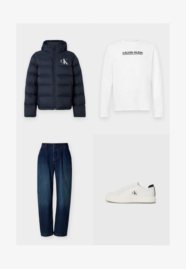 Mørkeblå dunjakke med hætte, frontlynlås, sidelommer og hvid "cK" logo på venstre bryst.; Hvid langærmet skjorte lavet af bomuld, med et sort "CALVIN KLEIN" logo på tværs af brystet og rund halsudskæring. Glat tekstur.; Mørkeblå jeans med høj talje og lige ben, med knap- og lynlåslukning, bæltestropper og subtile syningsdetaljer på hvid baggrund.; Hvide lædersneakers med rund tå, flad gummisål og sort hælaccent. Har et fremtrædende sort Calvin Klein-logo på siden.